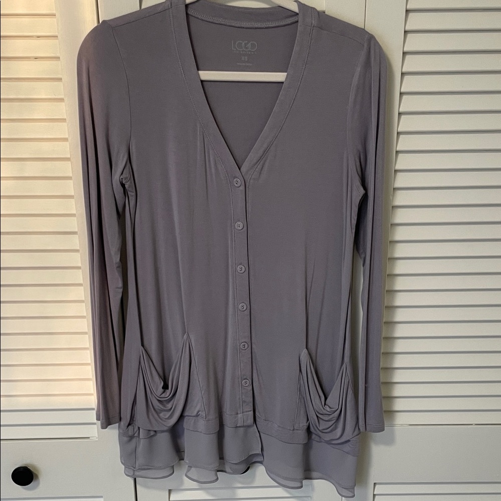 LOGO by Lori Goldstein Lavender Gray Button-Down Layered Hem Top